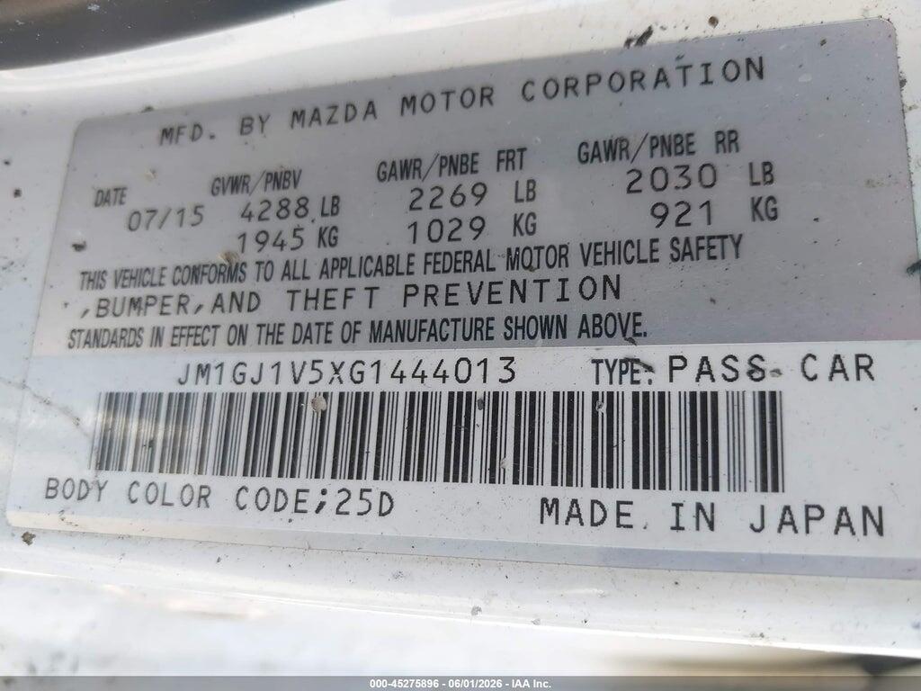 JM1GJ1V5XG1444013 2016 MAZDA MAZDA6 photo no. 9