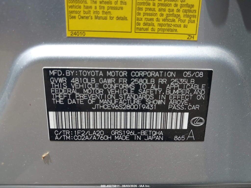 JTHCE96S280019431 2008 LEXUS GS 350 photo no. 9