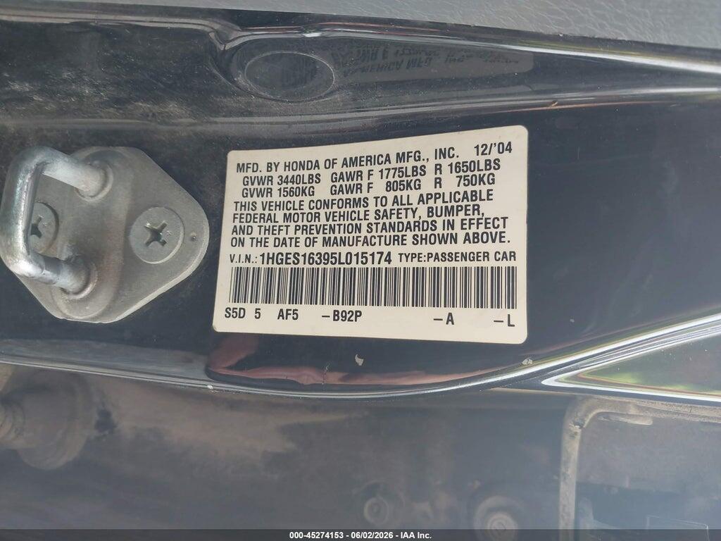 1HGES16395L015174 2005 HONDA CIVIC photo no. 9