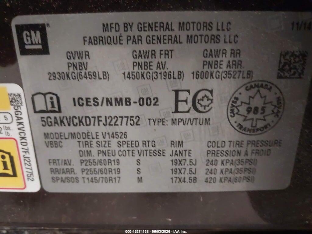 5GAKVCKD7FJ227752 2015 BUICK ENCLAVE photo no. 9