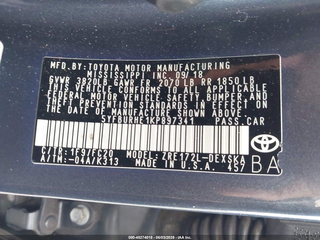 5YFBURHE1KP897341 2019 TOYOTA COROLLA photo no. 9