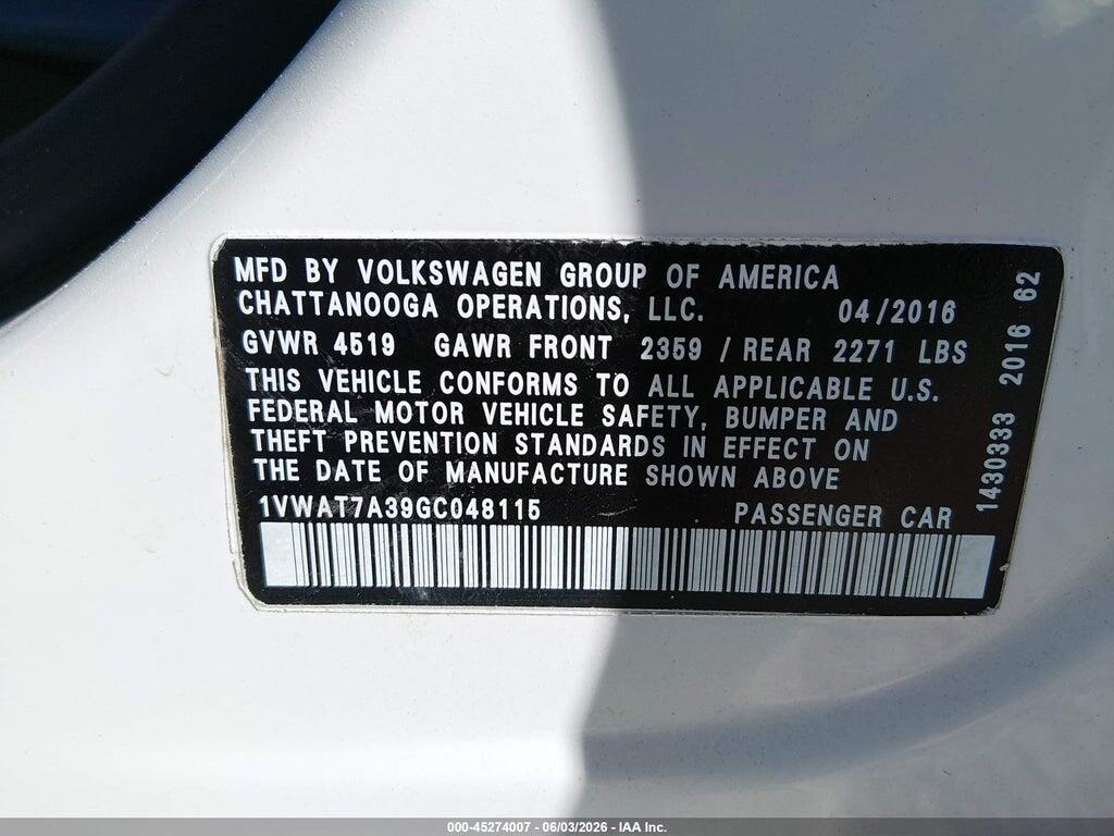 1VWAT7A39GC048115 2016 VOLKSWAGEN PASSAT photo no. 9