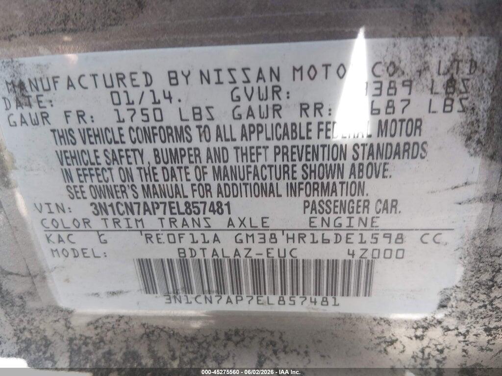 3N1CN7AP7EL857481 2014 NISSAN VERSA photo no. 9