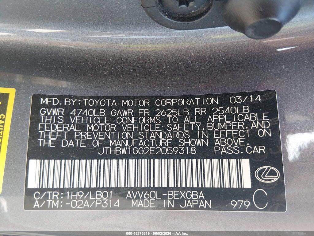 JTHBW1GG2E2059318 2014 LEXUS ES 300H photo no. 9