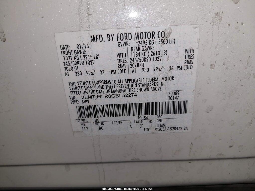 2LMTJ6LR8GBL52274 2016 LINCOLN MKX photo no. 9