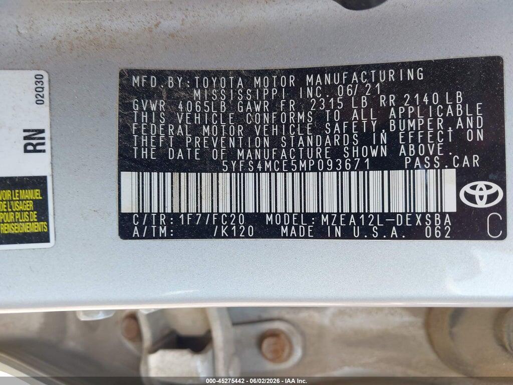5YFS4MCE5MP093671 2021 TOYOTA COROLLA photo no. 9
