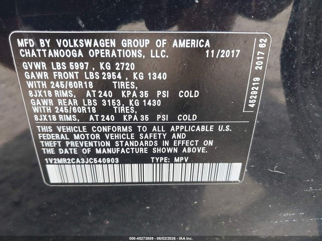 1V2MR2CA3JC540903 2018 VOLKSWAGEN ATLAS photo no. 9