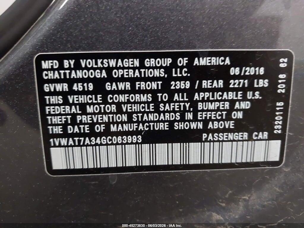1VWAT7A34GC063993 2016 VOLKSWAGEN PASSAT photo no. 9