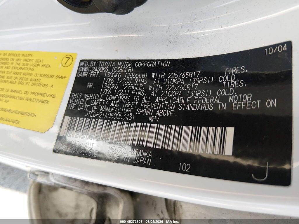 JTEDP21A050053431 2005 TOYOTA HIGHLANDER photo no. 9