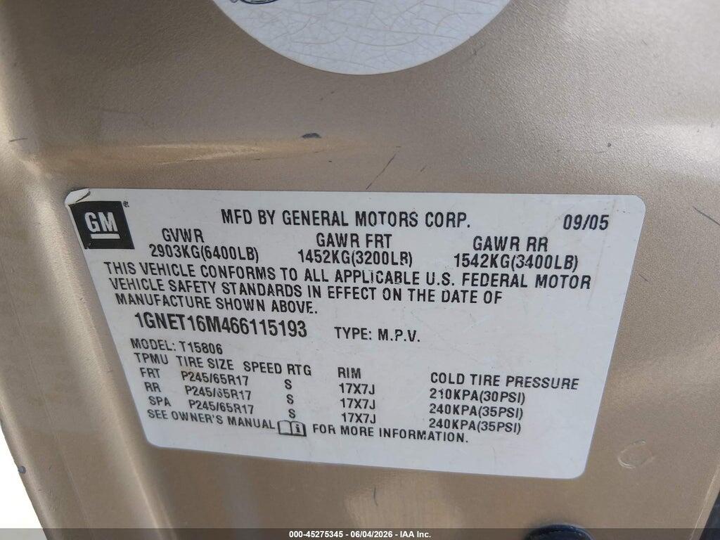 1GNET16M466115193 2006 CHEVROLET TRAILBLAZER EXT photo no. 9