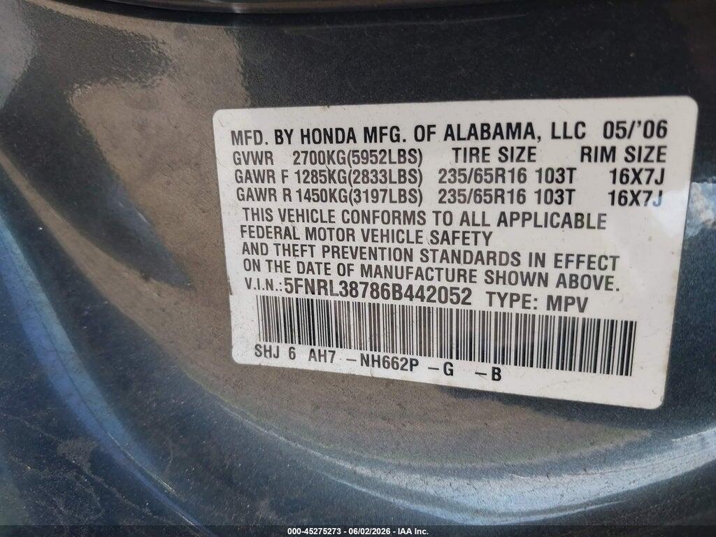 5FNRL38786B442052 2006 HONDA ODYSSEY photo no. 9