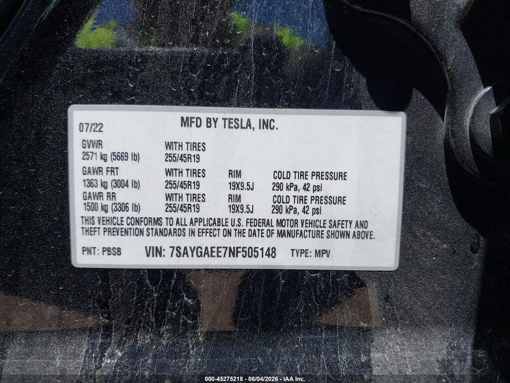 7SAYGAEE7NF505148 2022 TESLA MODEL Y photo no. 9