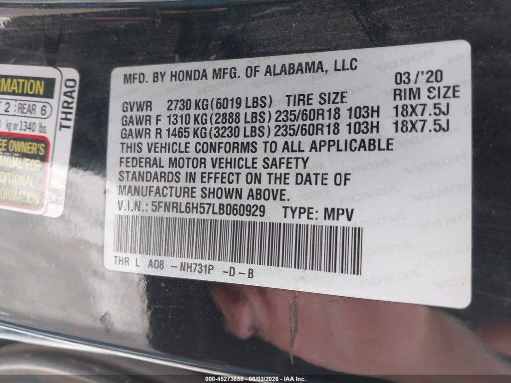 5FNRL6H57LB060929 2020 HONDA ODYSSEY photo no. 9