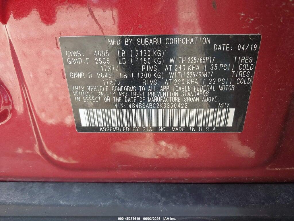 4S4BSABC2K3350422 2019 SUBARU OUTBACK photo no. 9