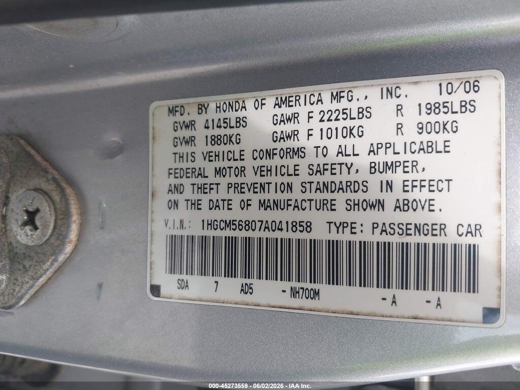 1HGCM56807A041858 2007 HONDA ACCORD photo no. 9