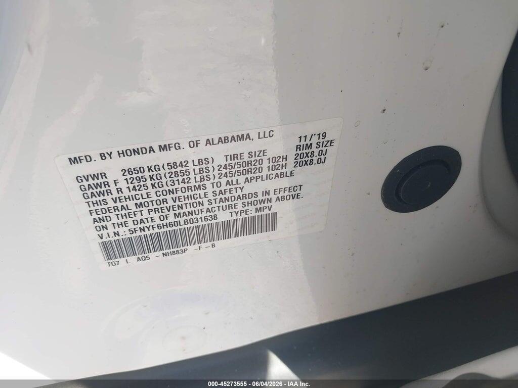 5FNYF6H60LB031638 2020 HONDA PILOT photo no. 9