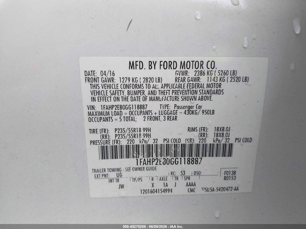 1FAHP2E80GG118887 2016 FORD TAURUS photo no. 9