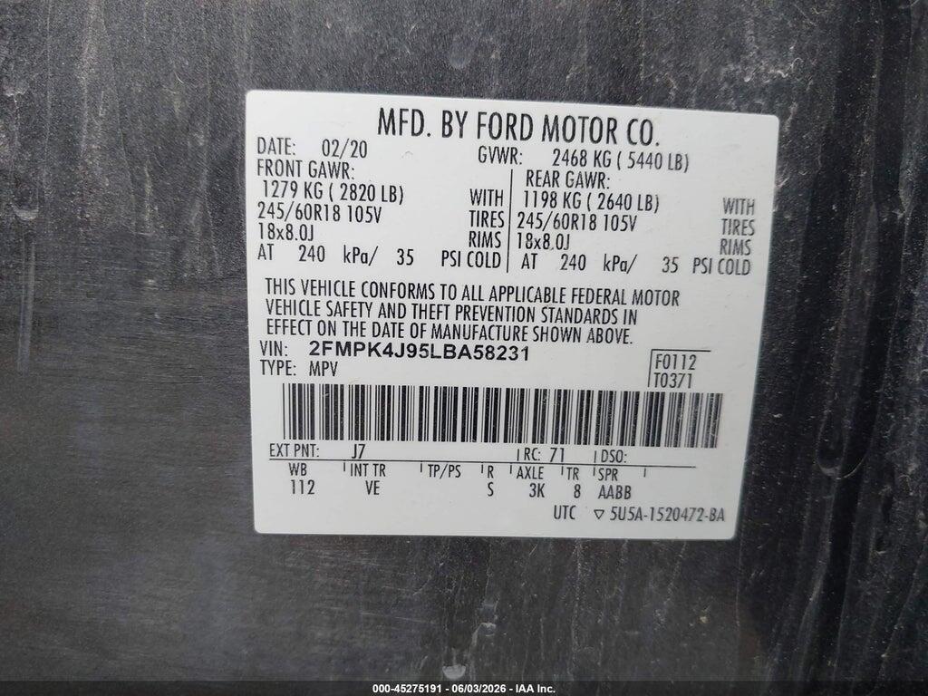 2FMPK4J95LBA58231 2020 FORD EDGE photo no. 9
