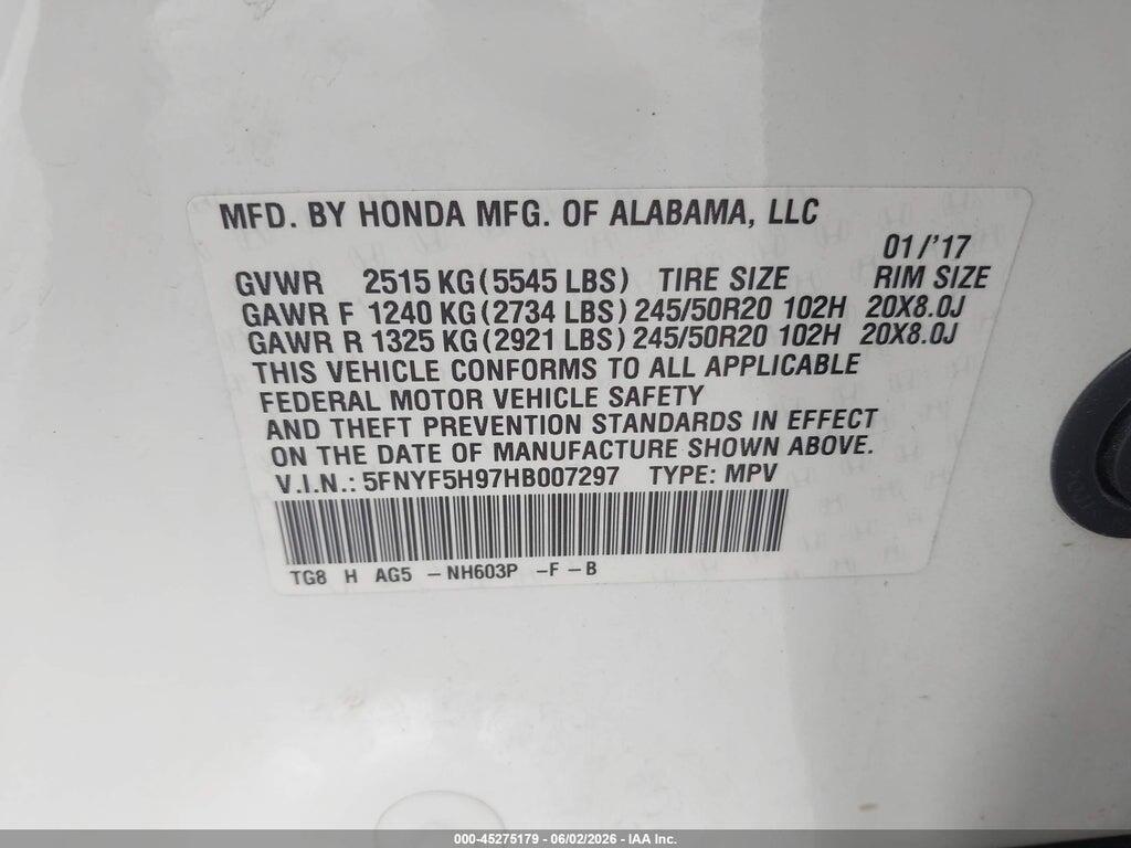 5FNYF5H97HB007297 2017 HONDA PILOT photo no. 9