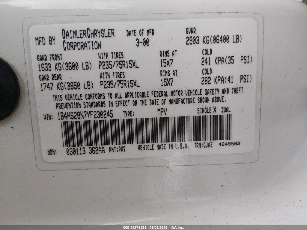 1B4HS28N7YF230245 2000 DODGE DURANGO photo no. 9