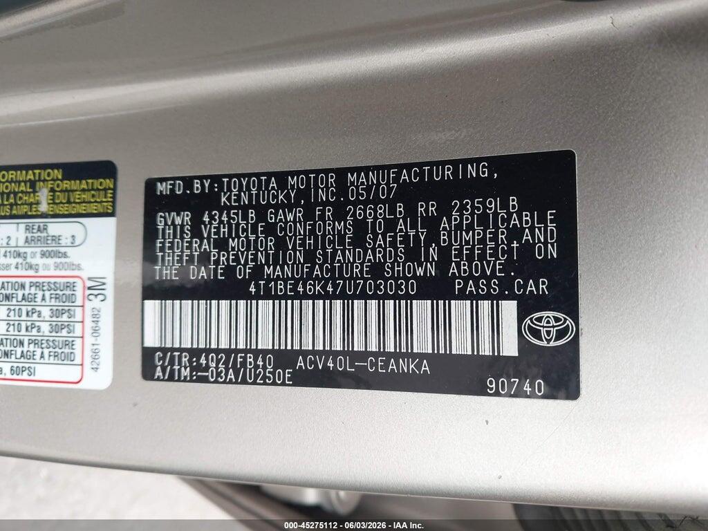 4T1BE46K47U703030 2007 TOYOTA CAMRY photo no. 9