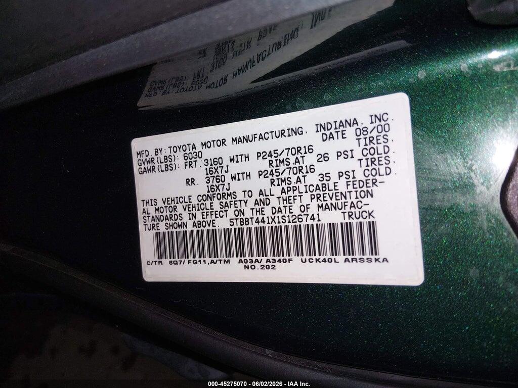 5TBBT441X1S126741 2001 TOYOTA TUNDRA photo no. 9