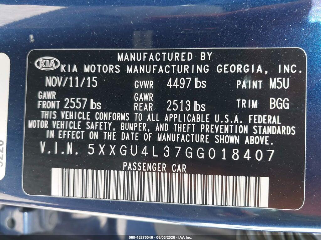 5XXGU4L37GG018407 2016 KIA OPTIMA photo no. 9