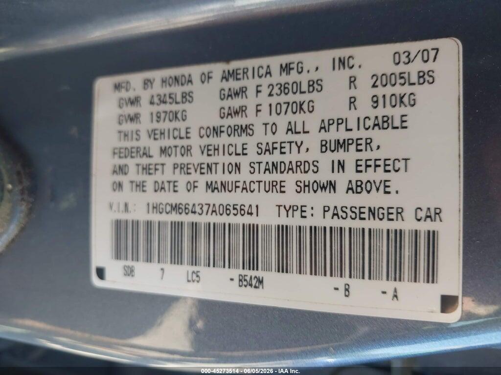 1HGCM66437A065641 2007 HONDA ACCORD photo no. 9