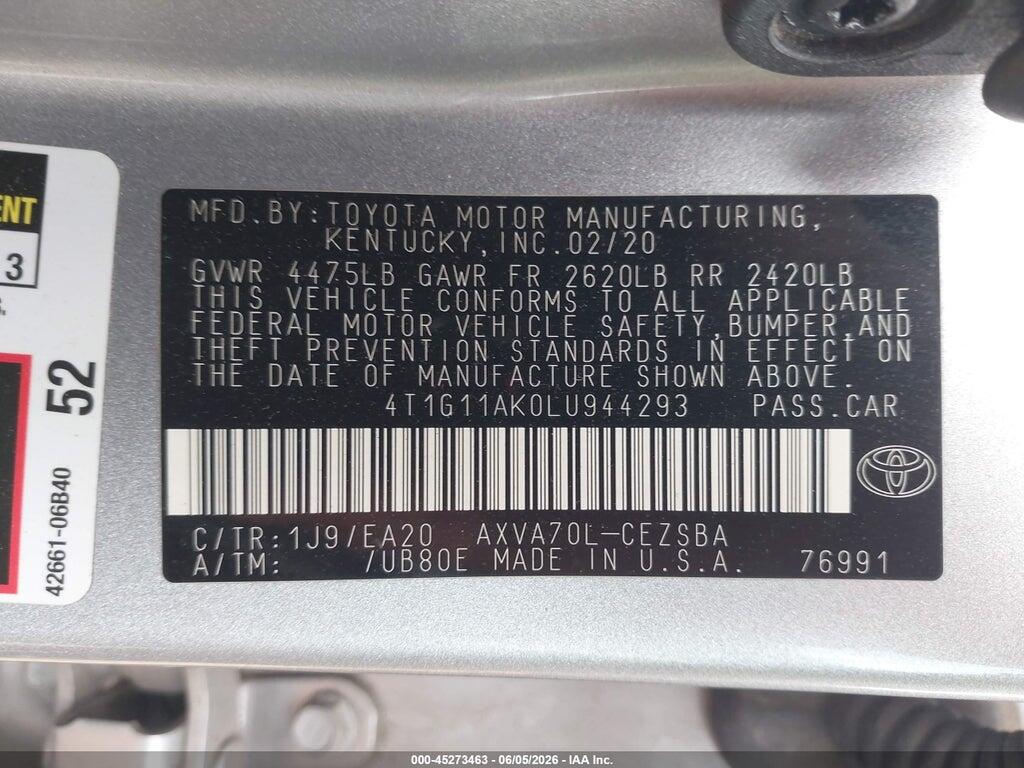 4T1G11AK0LU944293 2020 TOYOTA CAMRY photo no. 9