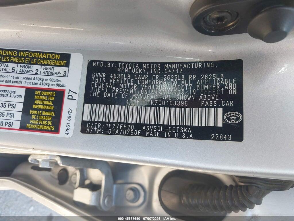 4T1BF1FK7CU103396 2012 TOYOTA CAMRY photo no. 9