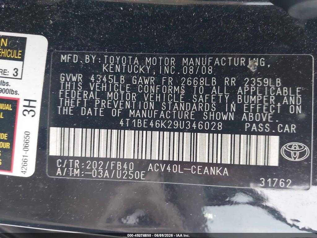 4T1BE46K29U346028 2009 TOYOTA CAMRY photo no. 9