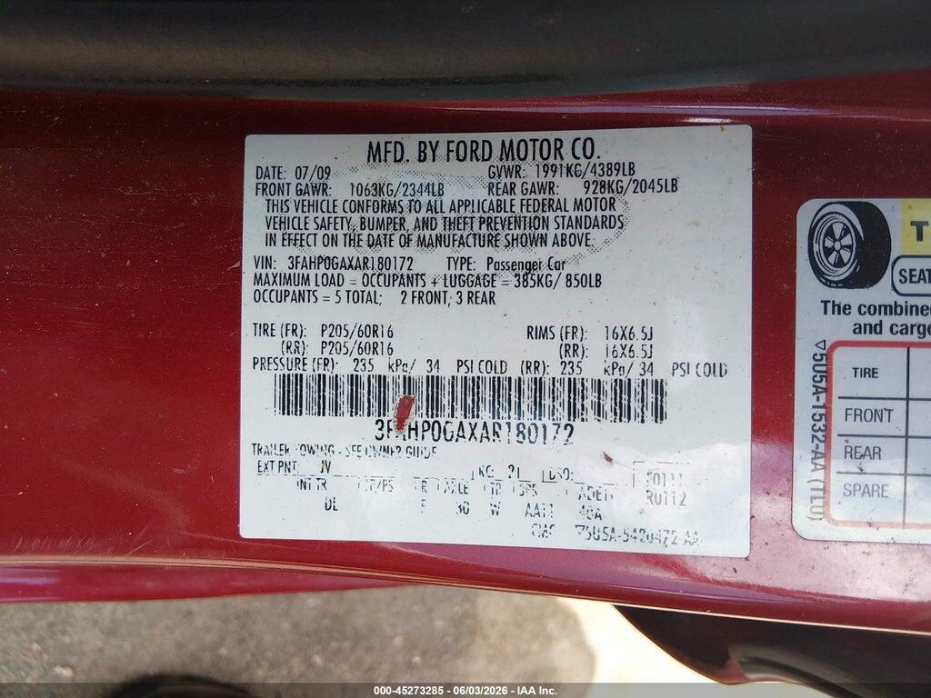 3FAHP0GAXAR180172 2010 FORD FUSION photo no. 9
