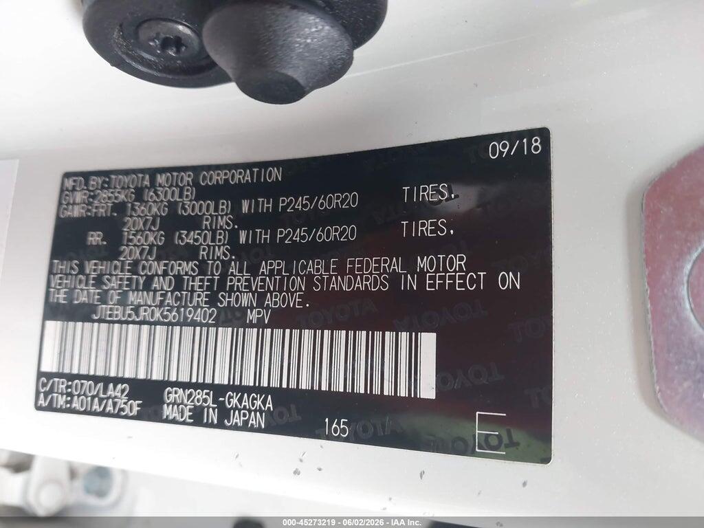 JTEBU5JR0K5619402 2019 TOYOTA 4RUNNER photo no. 9