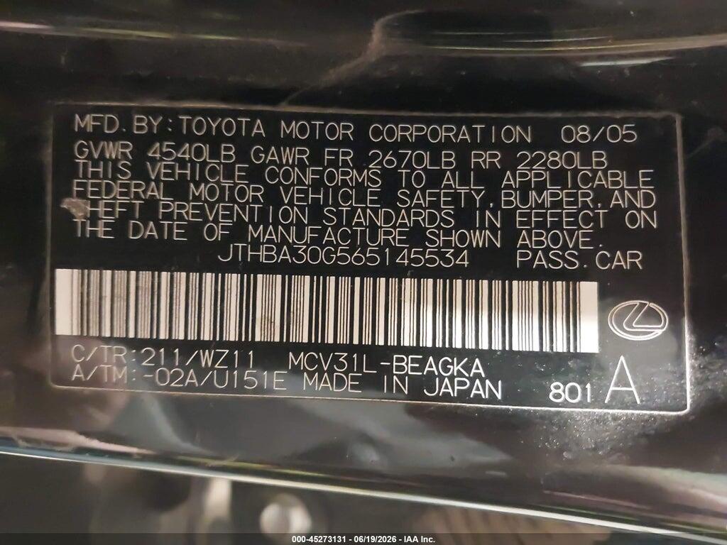 JTHBA30G565145534 2006 LEXUS ES 330 photo no. 9