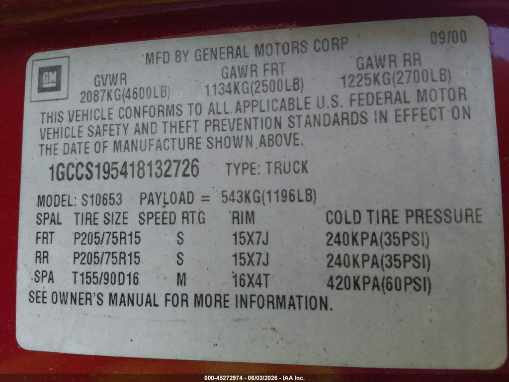 1GCCS195418132726 2001 CHEVROLET S-10 photo no. 9