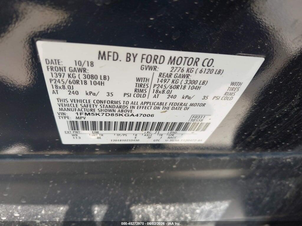 1FM5K7D85KGA47006 2019 FORD EXPLORER photo no. 9