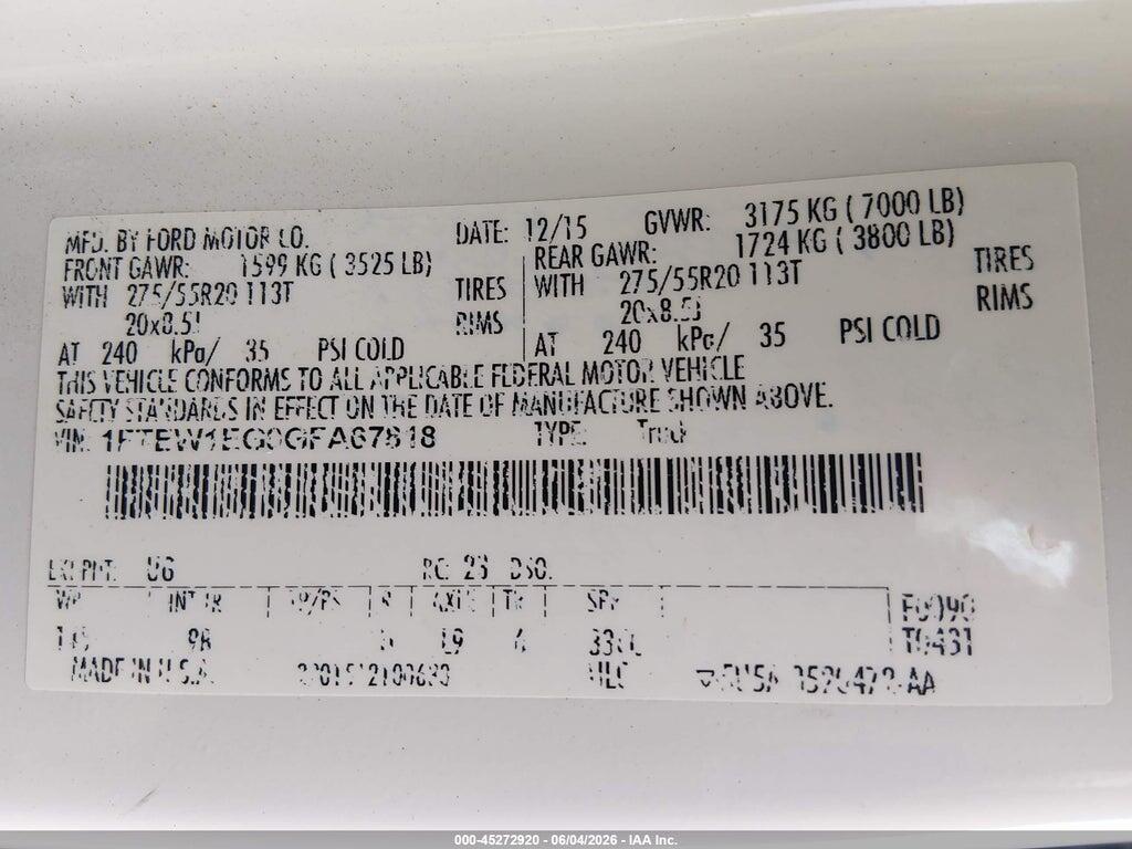 1FTEW1EG0GFA67818 2016 FORD F-150 photo no. 9