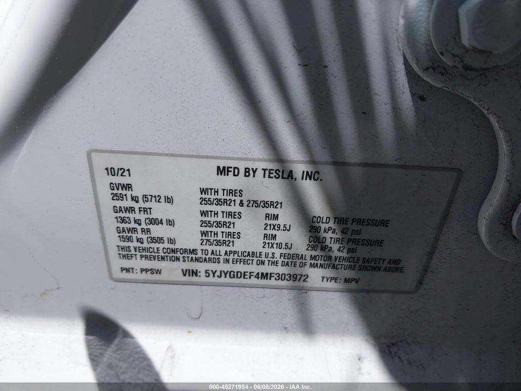 5YJYGDEF4MF303972 2021 TESLA MODEL Y photo no. 9