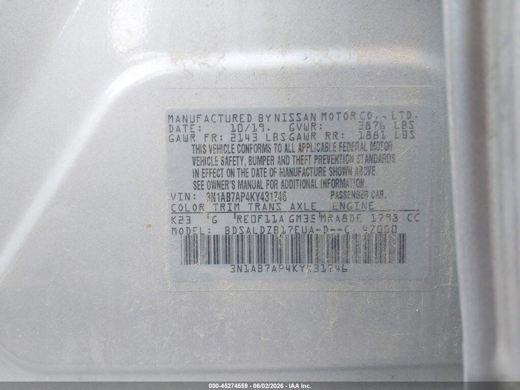 3N1AB7AP4KY431746 2019 NISSAN SENTRA photo no. 9