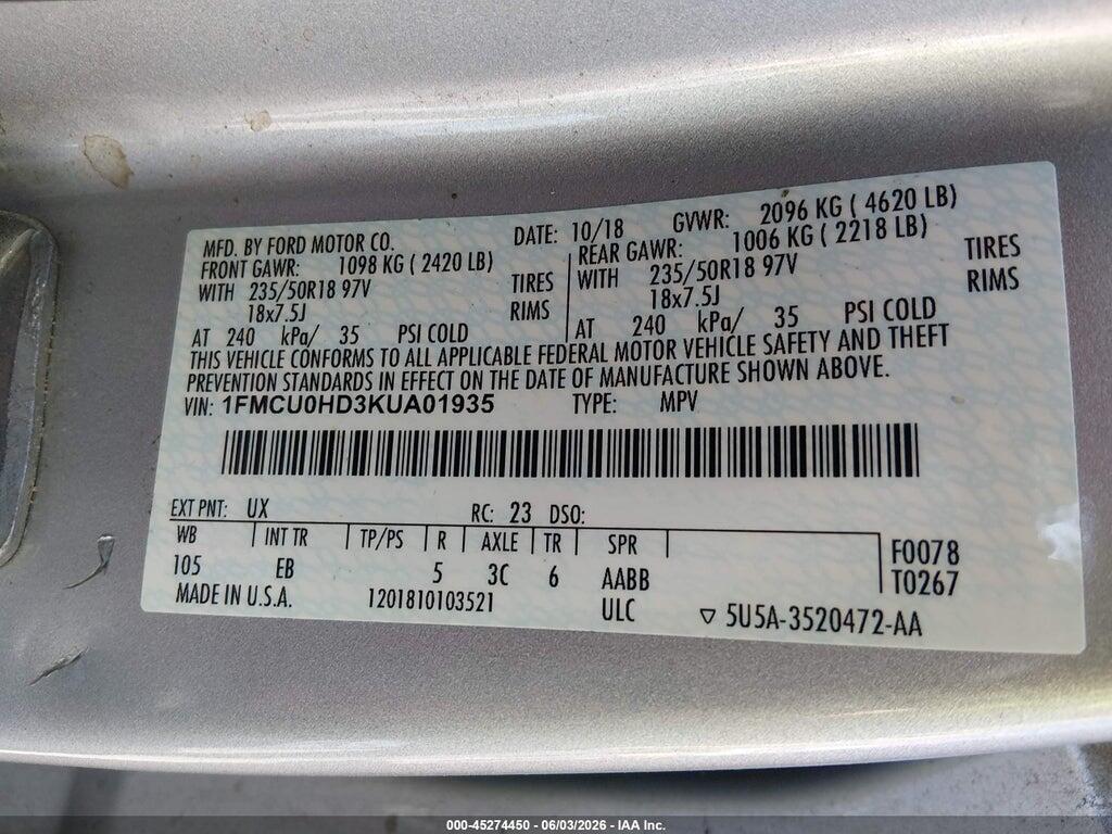 1FMCU0HD3KUA01935 2019 FORD ESCAPE photo no. 9