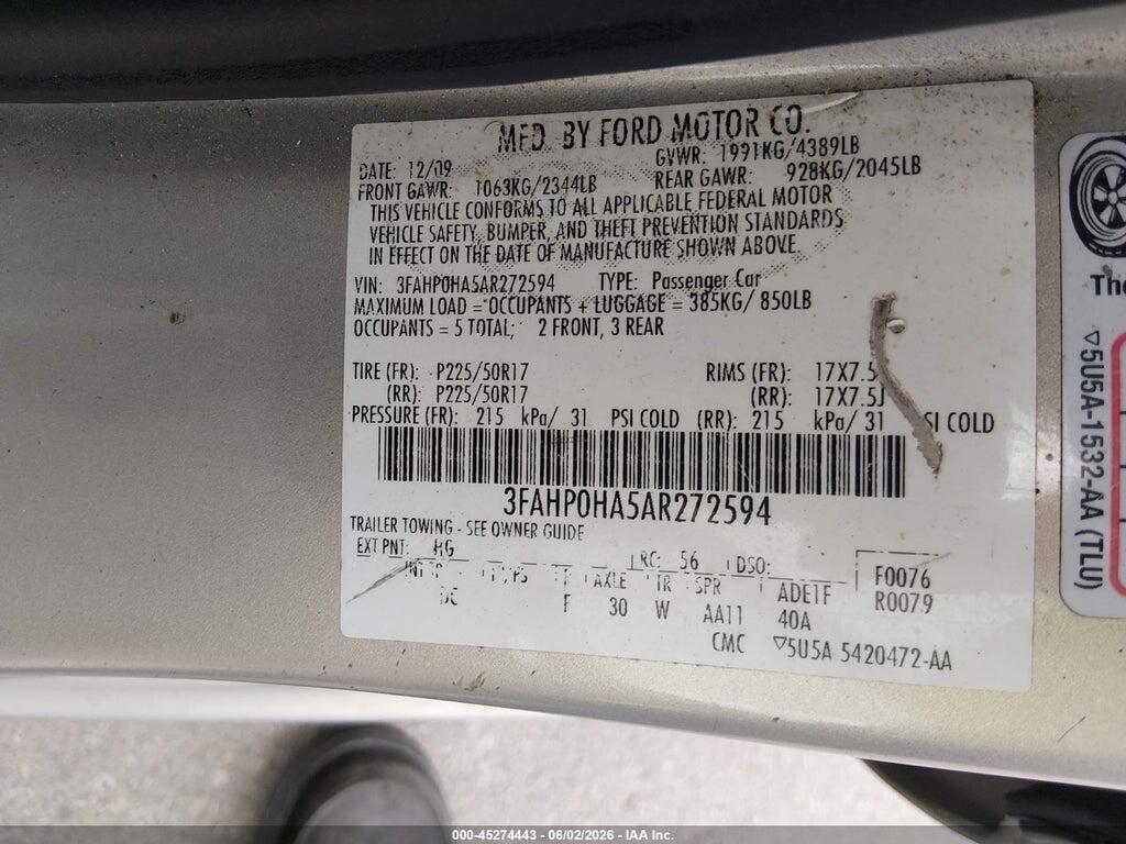 3FAHP0HA5AR272594 2010 FORD FUSION photo no. 9