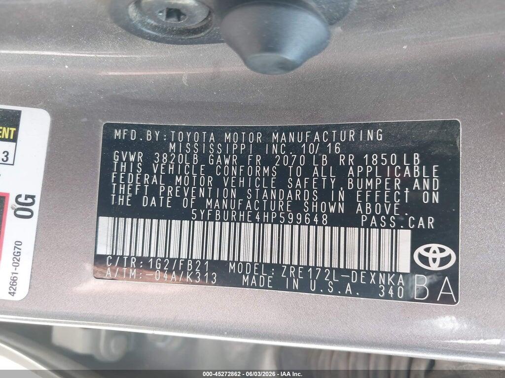 5YFBURHE4HP599648 2017 TOYOTA COROLLA photo no. 9