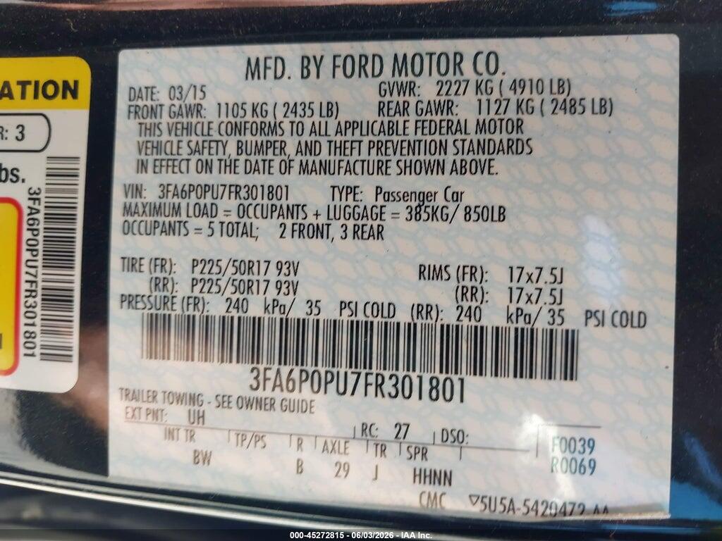 3FA6P0PU7FR301801 2015 FORD FUSION ENERGI photo no. 9