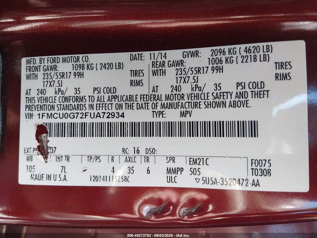1FMCU0G72FUA72934 2015 FORD ESCAPE photo no. 9