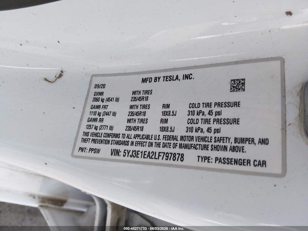 5YJ3E1EA2LF797878 2020 TESLA MODEL 3 photo no. 9
