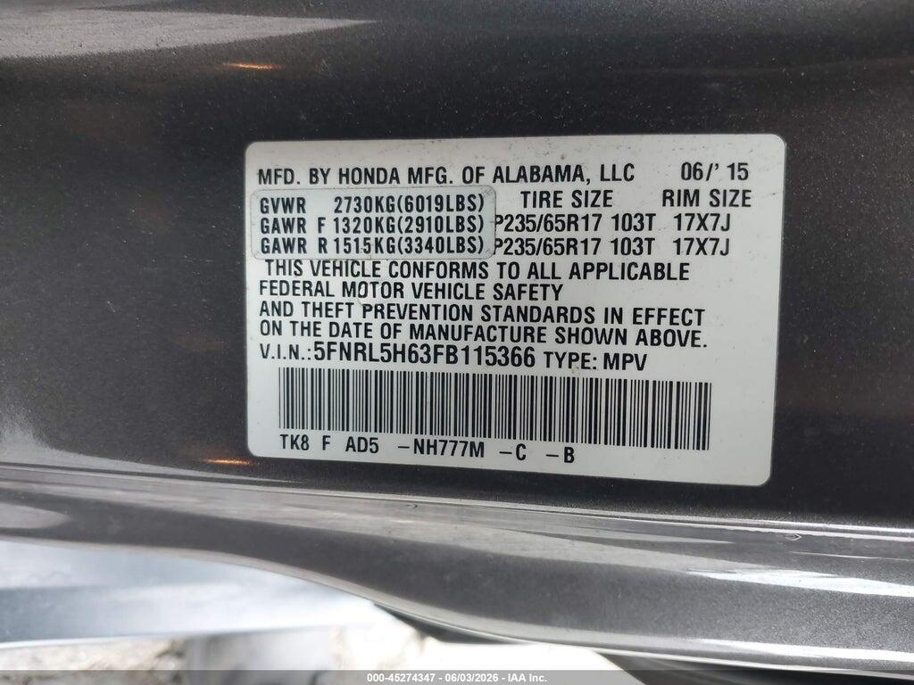 5FNRL5H63FB115366 2015 HONDA ODYSSEY photo no. 9