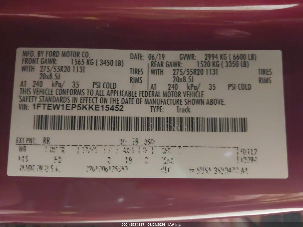 1FTEW1EP5KKE15452 2019 FORD F-150 photo no. 9