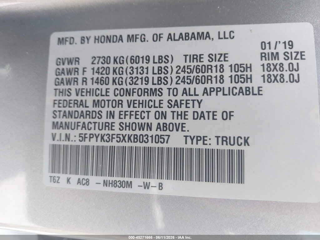 5FPYK3F5XKB031057 2019 HONDA RIDGELINE photo no. 9