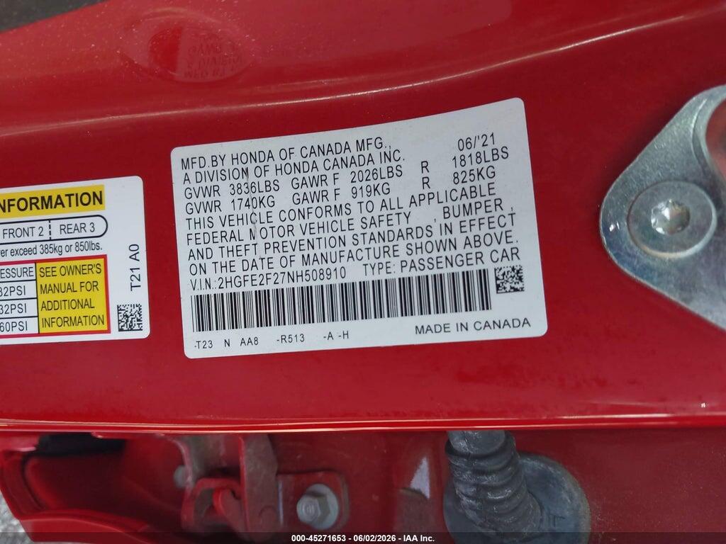 2HGFE2F27NH508910 2022 HONDA CIVIC photo no. 9