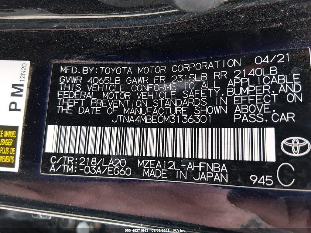 JTNA4MBE0M3136301 2021 TOYOTA COROLLA photo no. 9